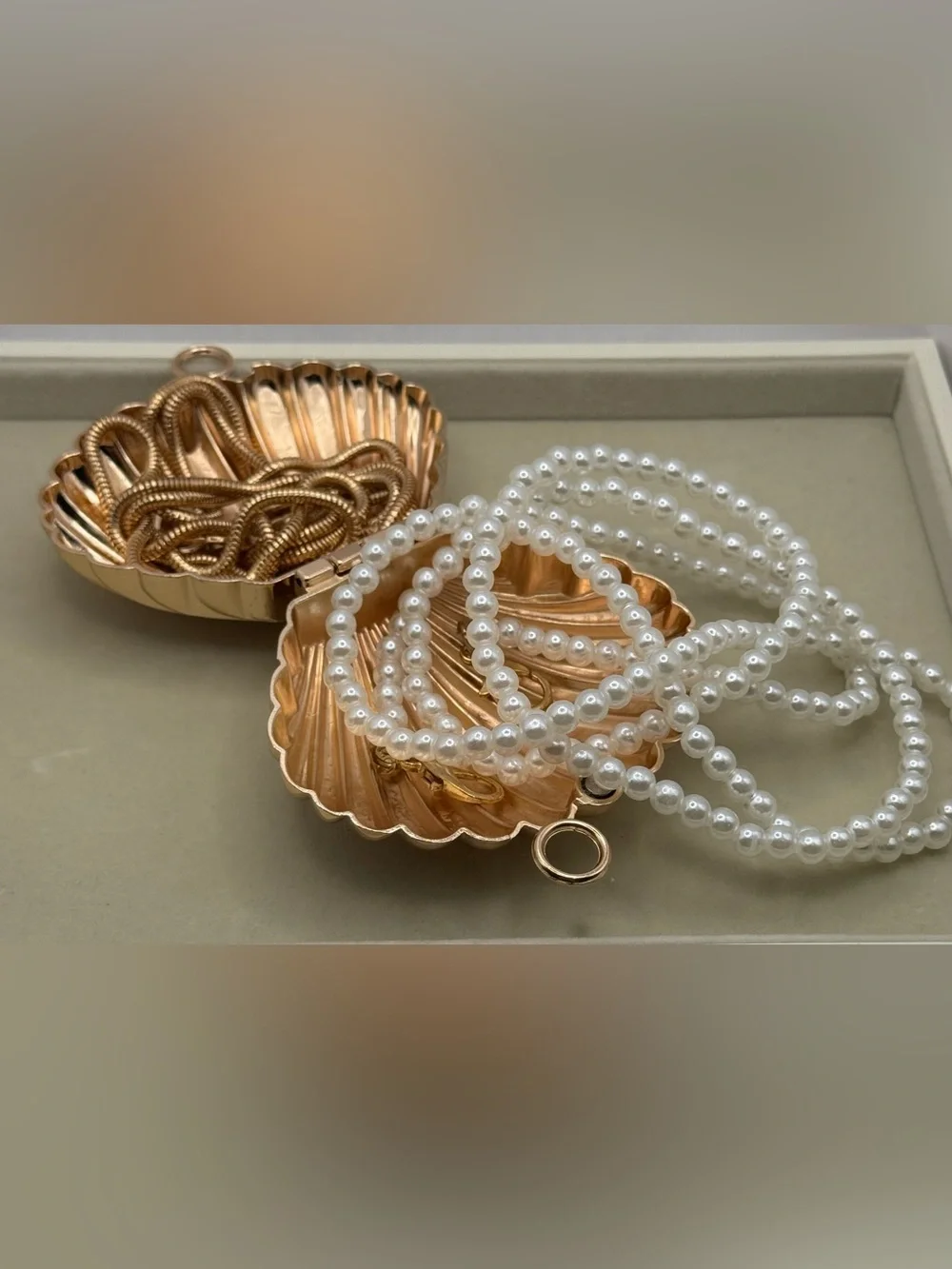 Mini 3D Seashell Clutch Crossbody with Chain or Faux Pearl Strap Rose Gold Tone